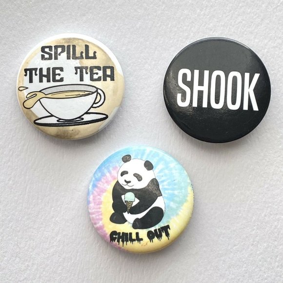 SHOOK Spill The Tea Chill Out Panda Pin Button Pinback Collectible Set Of 3 - Picture 1 of 4